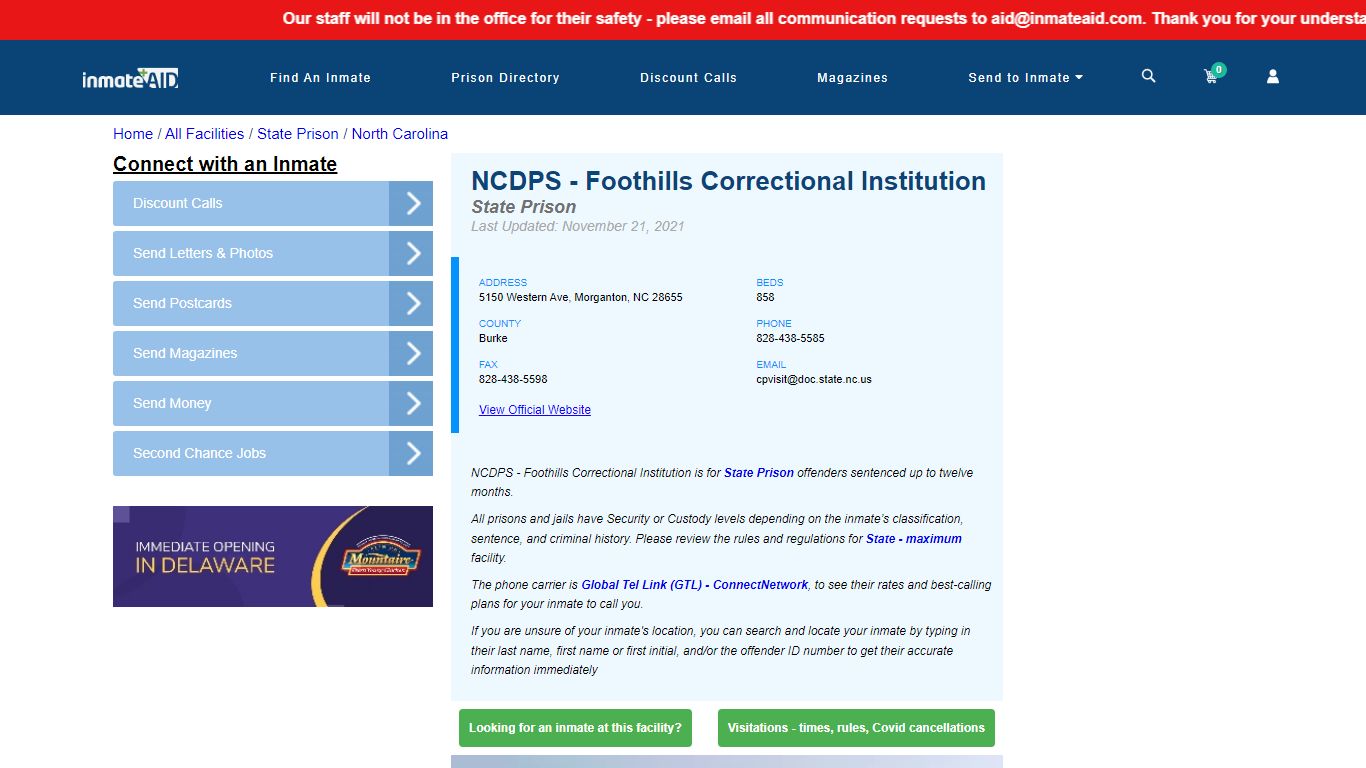 NCDPS - Foothills Correctional Institution & Inmate Search ...