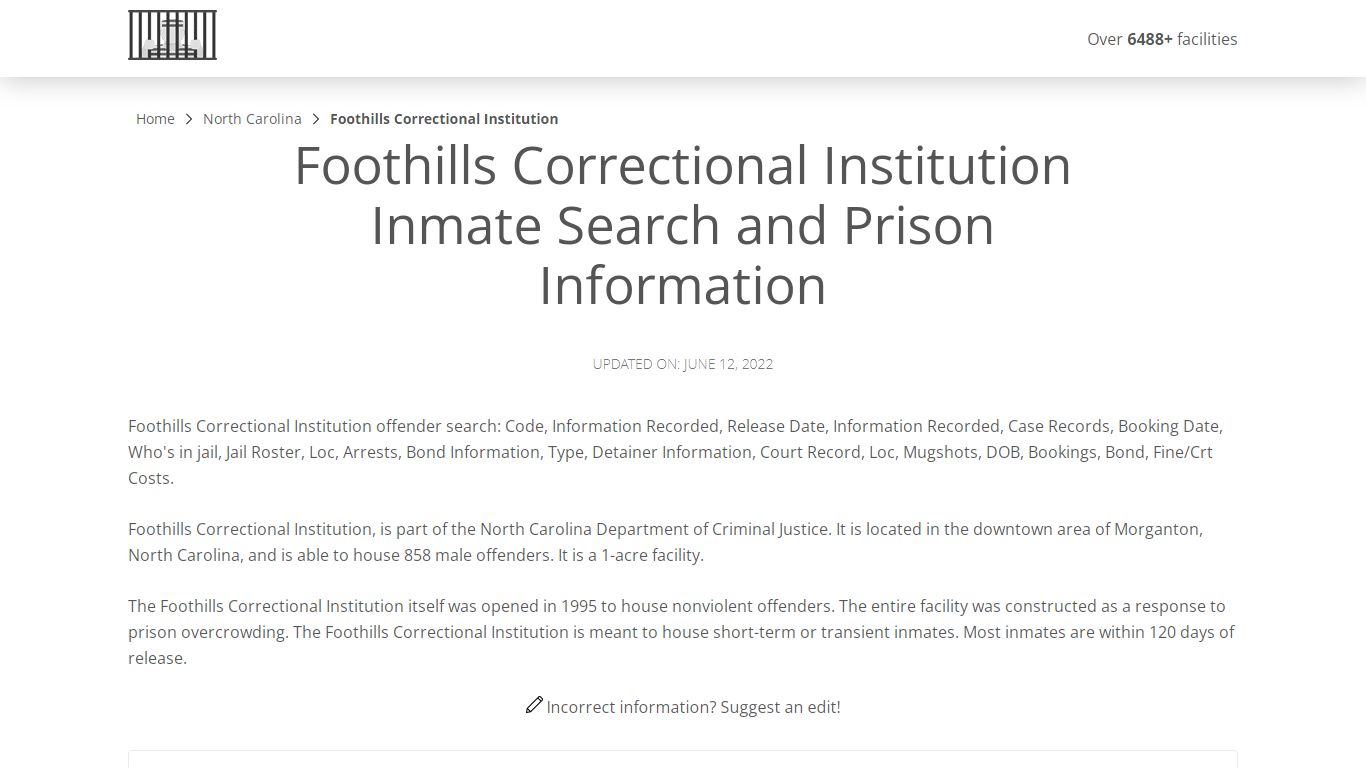 Foothills Correctional Institution Inmate Search ...